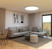 Helles Wohnzimmer, gemütliches Sofa, moderne Kunst, große Fenster, Holzboden.