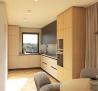 Küche mit Holzschränken und Fenster, in der Straße Špačince in einem Einfamilienhaus.