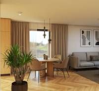 Das Innere des Einfamilienhauses in der Špačince-Straße enthält einen Esstisch, ein Sofa und dekorative Pflanzen.