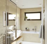 Auf der Straße Špačince ist ein Einfamilienhaus mit einem eleganten Badezimmer, einer Badewanne und einem Waschbecken zu sehen.