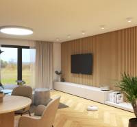 Helles Wohnzimmer in der Straße Špačince, komfortables Design eines Einfamilienhauses mit Holzelementen.