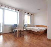 Einzimmerwohnung mit Bett, Tisch, Stühlen und Boden in Holzoptik.