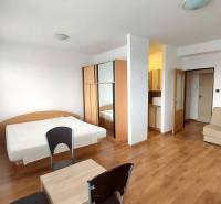 Einzimmerwohnung mit Holzboden, Bett, Sofa und Schrank.