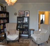 Wohnzimmer in einer 3-Zimmer-Wohnung mit Bücherregalen und einem Boden in Holzoptik.