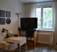Wohnzimmer in einer 3-Zimmer-Wohnung mit Holzdekorboden, Fernseher und Schreibtisch.