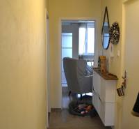 Ein enger Flur mit Holzboden-Dekor in einer 3-Zimmer-Wohnung, Blick ins Wohnzimmer.