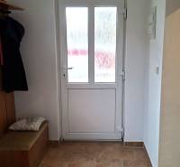 Innenraum eines Einfamilienhauses mit Glastüren und einem Boden in Holzoptik.