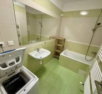 Badezimmer in einer 2-Zimmer-Wohnung mit Badewanne, Waschbecken und Waschmaschine mit Toplader.