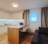 Küche in einer 2-Zimmer-Wohnung mit Bartresen und Boden mit Holzdekor.