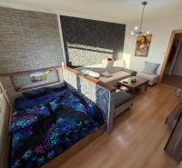 Wohnzimmer mit Sofa, Bett und Holzboden in einer 3-Zimmer-Wohnung.