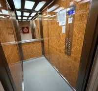 Ein Aufzug mit Holzdekor und moderner Beleuchtung befindet sich in einer 3-Zimmer-Wohnung.