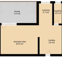 Grundriss einer 1-Zimmer-Wohnung mit Terrasse, Küche, Badezimmer, Flur und Wohnzimmer.