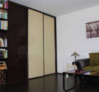 Wohnbereich in einer Einzimmerwohnung mit Bücherregal und Boden in Holzoptik.