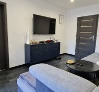 Wohnzimmer in einer Zweizimmerwohnung mit dunklem Boden und Sofa.