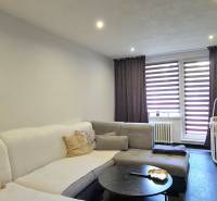 Wohnzimmer in einer Zweizimmerwohnung mit Sofa, Couchtisch und Kinderbett.