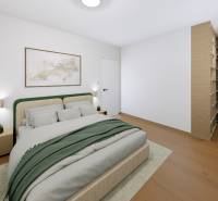 Schlafzimmer in einer 2-Zimmer-Wohnung mit Bett, Bild und Boden mit Holzdekor.