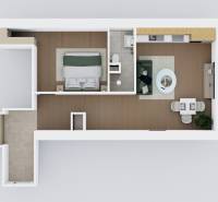 Grundriss einer 2-Zimmer-Wohnung mit Holzboden und Küche.