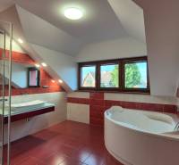 Badezimmer mit Eckbadewanne und Duschkabine in einem Einfamilienhaus.