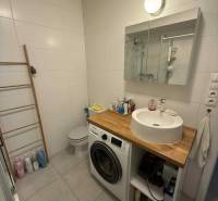 Badezimmer mit Dusche, Waschbecken, Waschmaschine und WC in einer 4-Zimmer-Wohnung.