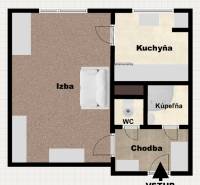 Grundriss einer 1-Zimmer-Wohnung mit der Anordnung von Zimmer, Küche, Bad, WC und Flur.