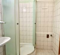 Badezimmer mit Dusche und Fliesen in einer Einzimmerwohnung.