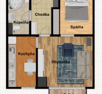 Grundriss einer 2-Zimmer-Wohnung mit Wohnzimmer, Küche, Badezimmer und Balkon.