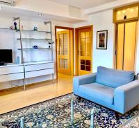 Wohnzimmer mit Sofa, Regalen, Teppich und Holzboden in einer Zweizimmerwohnung.