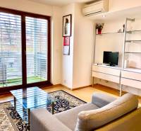 Wohnzimmer in einer 2-Zimmer-Wohnung mit Sessel, Glastisch und Boden in Holzoptik.