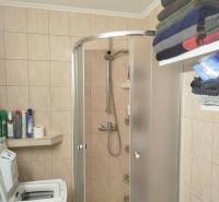 Badezimmer in einem Studio-Apartment mit Waschmaschine, Duschkabine, Regal und gelagerten Handtüchern.