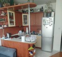 Kompakte Küche in einem Einzimmerapartment mit Eckküche, Kühlschrank und Regalen.