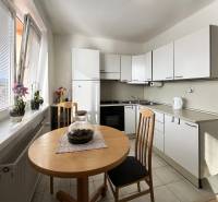 Küche in einer Einzimmerwohnung mit Fenstern, einem Tisch und Pflanzen auf der Fensterbank.