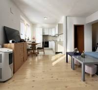 Wohnbereich einer Einzimmerwohnung mit Kochnische und Boden in Holzoptik.