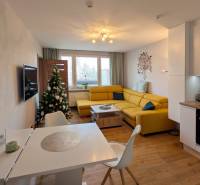 Wohnzimmer in einer 3-Zimmer-Wohnung mit Holzboden und Weihnachtsbaum.