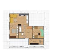 Grundriss einer 3-Zimmer-Wohnung mit Holzboden, enthält ein Badezimmer und eine Küche.