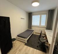 Schlafzimmer in einer 3-Zimmer-Wohnung mit Bett, Tisch und Holzboden.