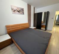 Schlafzimmer in einer 3-Zimmer-Wohnung mit Holzboden, Schrank und modernem Bild.