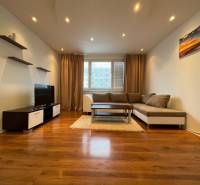 Wohnzimmer mit Holzboden, Sofa und Fernseher in einer 3-Zimmer-Wohnung.