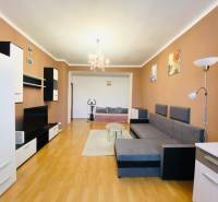 Wohnzimmer in einer Zweizimmerwohnung mit Holzboden, Sofa und Fernseher.