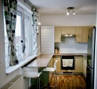 Küche in einer 3-Zimmer-Wohnung mit Bartresen, Holzboden und großem Fenster.