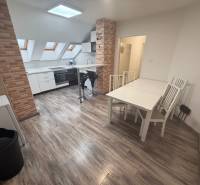 Innenraum einer Einzimmerwohnung mit Holzboden und einer Küche mit Ziegelverkleidung.