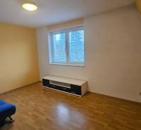 Ein Zimmer mit einem blauen Sofa, einem Boden in Holzoptik und weißen Möbeln in einer 3-Zimmer-Wohnung.