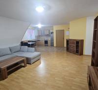 Wohnzimmer mit Sofa, Küche und Holzboden in einer 3-Zimmer-Wohnung.
