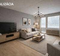Wohnzimmer in einer 3-Zimmer-Wohnung mit Holzboden, Sofa und Fernseher.