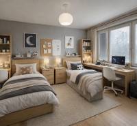 Ein Doppelzimmer in einer 3-Zimmer-Wohnung mit Holzboden und Schreibtischen.