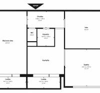 Grundriss einer 3-Zimmer-Wohnung mit Wohnzimmer, Küche, Badezimmer, WC und zwei Loggien.