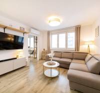 Wohnzimmer in einer 2-Zimmer-Wohnung mit einem bequemen Sofa und einem Holzboden.