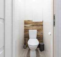 Toilette in einer 2-Zimmer-Wohnung mit Holzboden.
