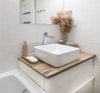 Badezimmer in einer 2-Zimmer-Wohnung mit Waschbecken, Boden in Holzoptik und dekorativem Pflanzenarrangement.