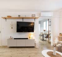 Wohnzimmer in einer Zweizimmerwohnung mit Fernseher, Holzboden.