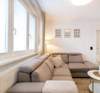 Wohnzimmer in einer Zweizimmerwohnung mit einem bequemen Sofa und Wanddekorationen.
